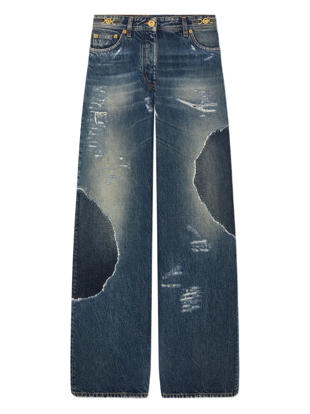 Versace Distressed Patchwork High-rise Wide-leg Jeans In Blue