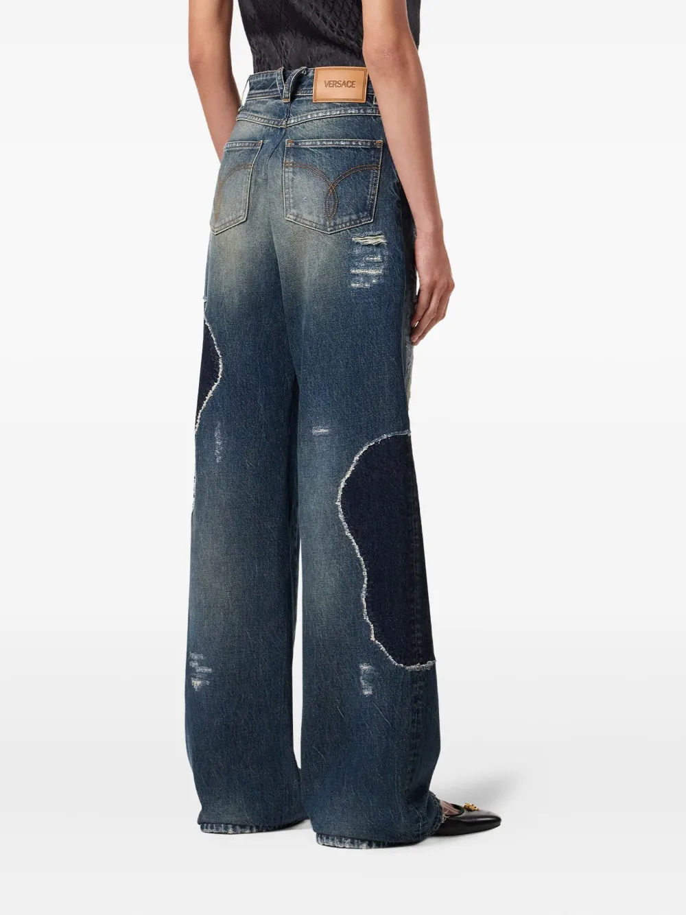 Versace Distressed Patchwork High-rise Wide-leg Jeans In Blue