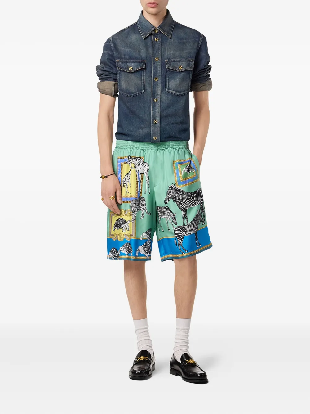 Versace animal-print silk shorts - Blauw