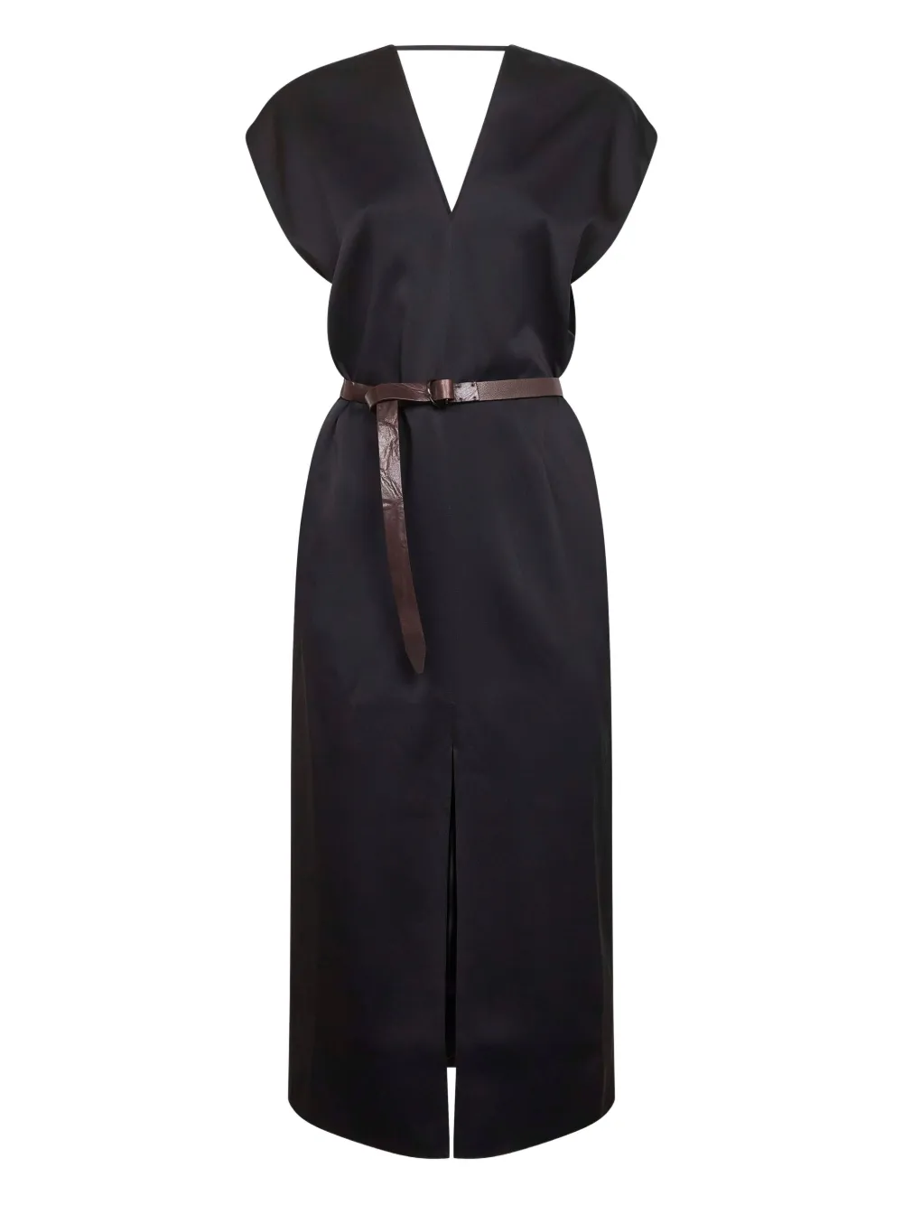 Brunello Cucinelli V-neck leather-belt midi dress Zwart