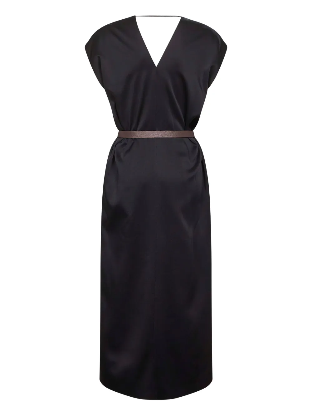 Brunello Cucinelli V-neck leather-belt midi dress Zwart