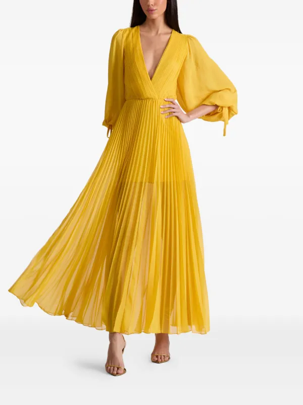 Alice + Olivia Nya Pleated V-neck Maxi Day Dress | Yellow | FARFETCH JO