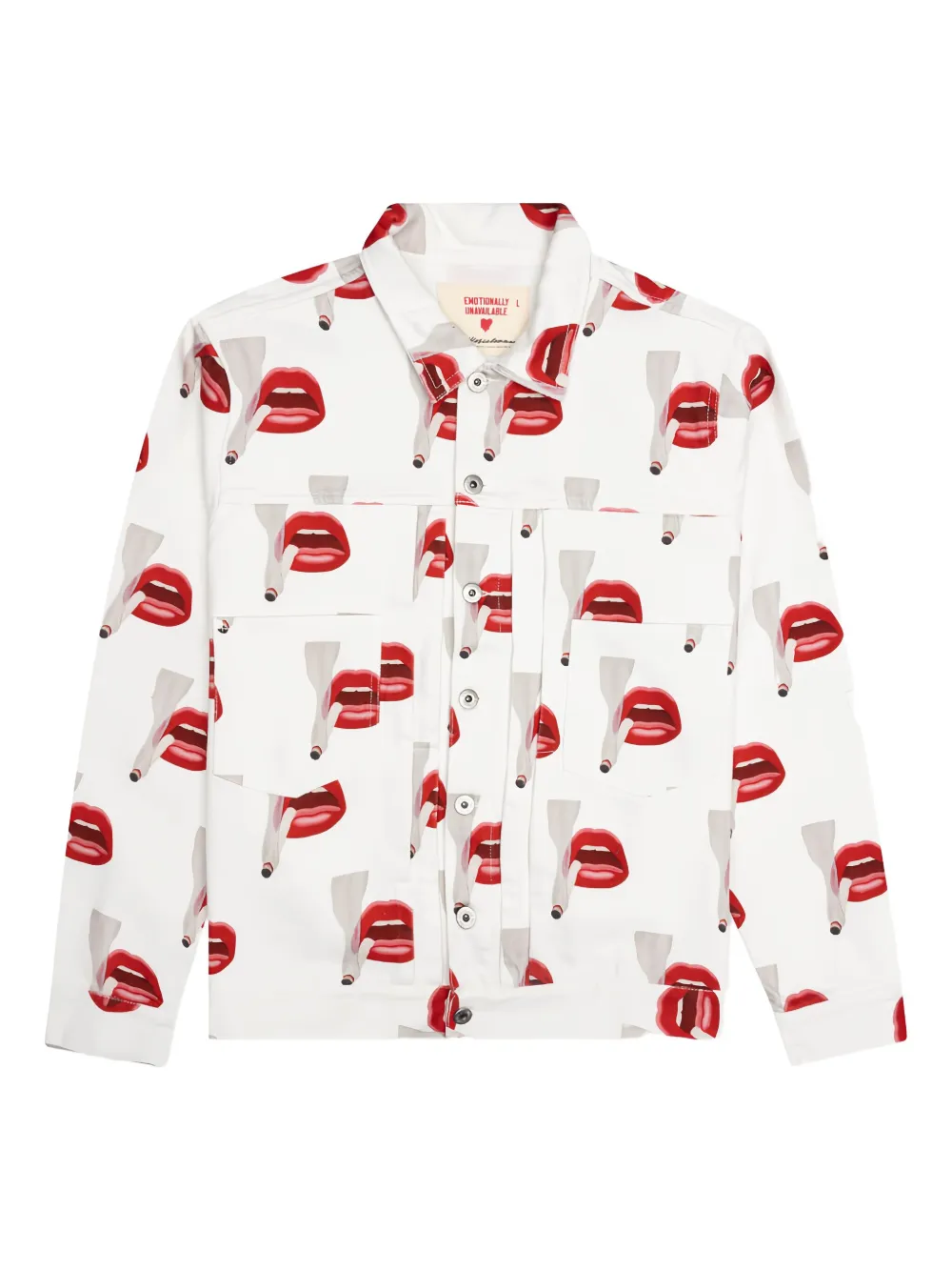 Emotionally Unavailable smoking lips print denim jacket | White | Image 1