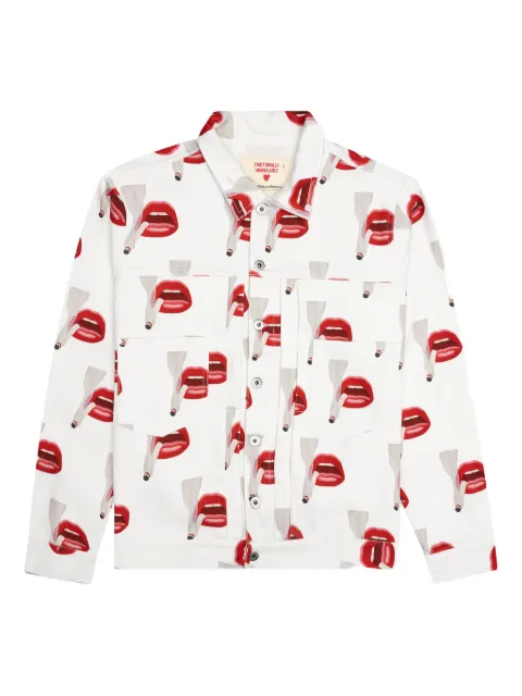 Emotionally Unavailable smoking lips print denim jacket