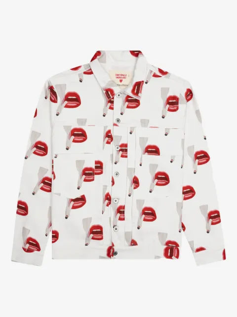 Emotionally Unavailable smoking lips print denim jacket