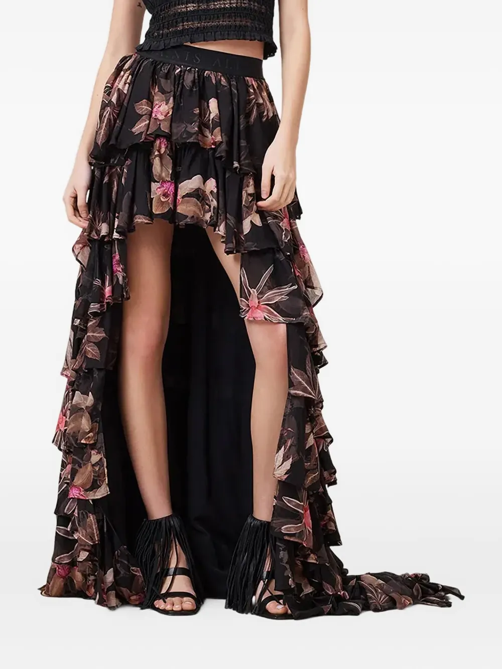 Cavarly floral-print ruffled maxi skirt