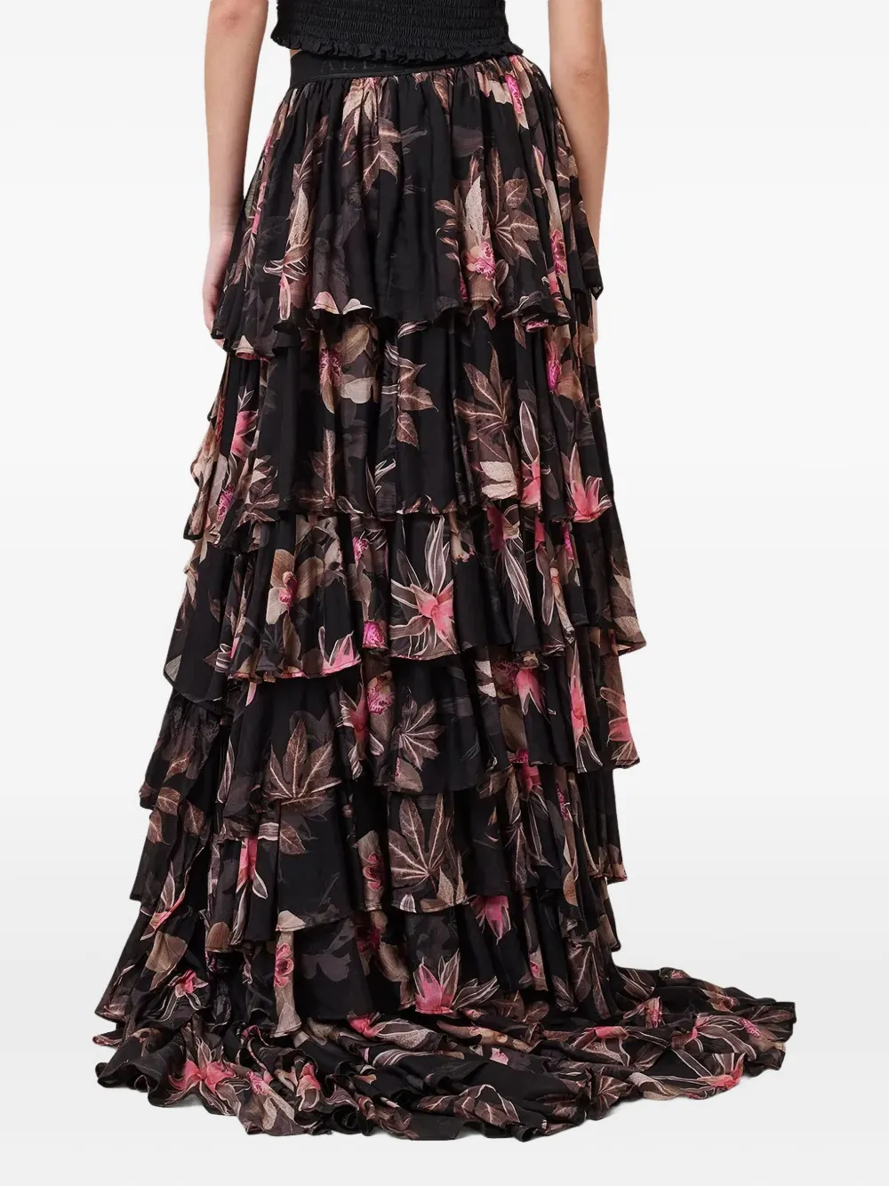 AllSaints Cavarly floral-print ruffled maxi skirt - Zwart