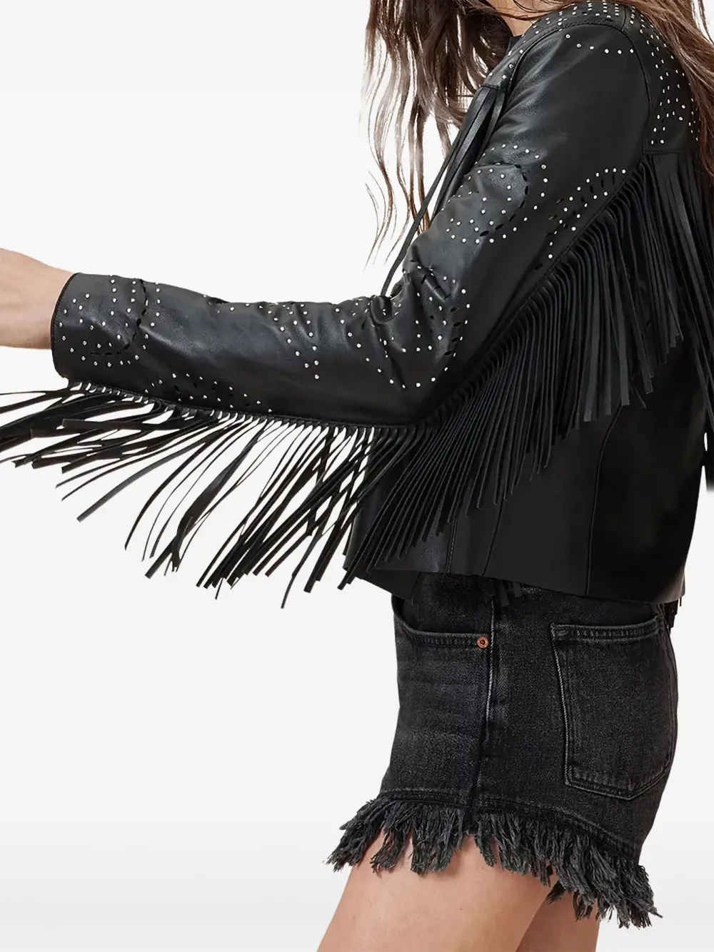 AllSaints Asta leren jack met franje en studs Zwart
