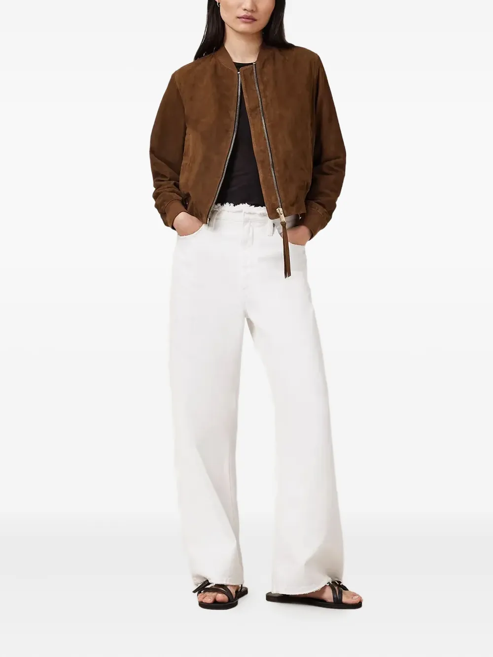 AllSaints Suède leren jack met rits Bruin