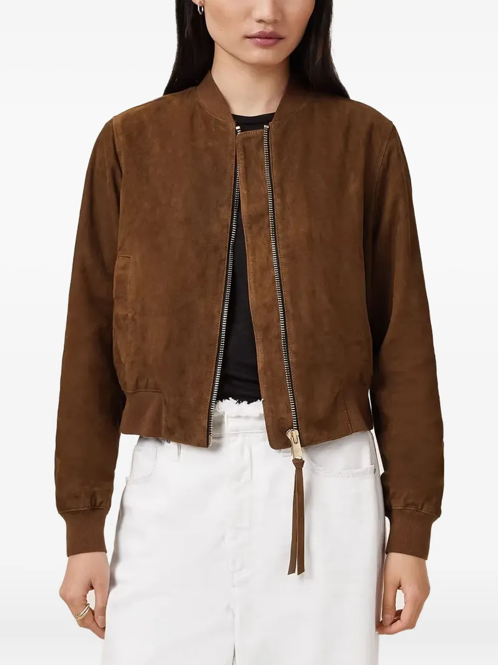 AllSaints Suède leren jack met rits Bruin