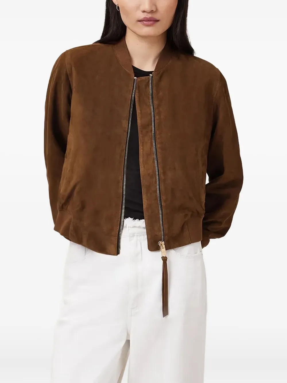 AllSaints Suède leren jack met rits Bruin