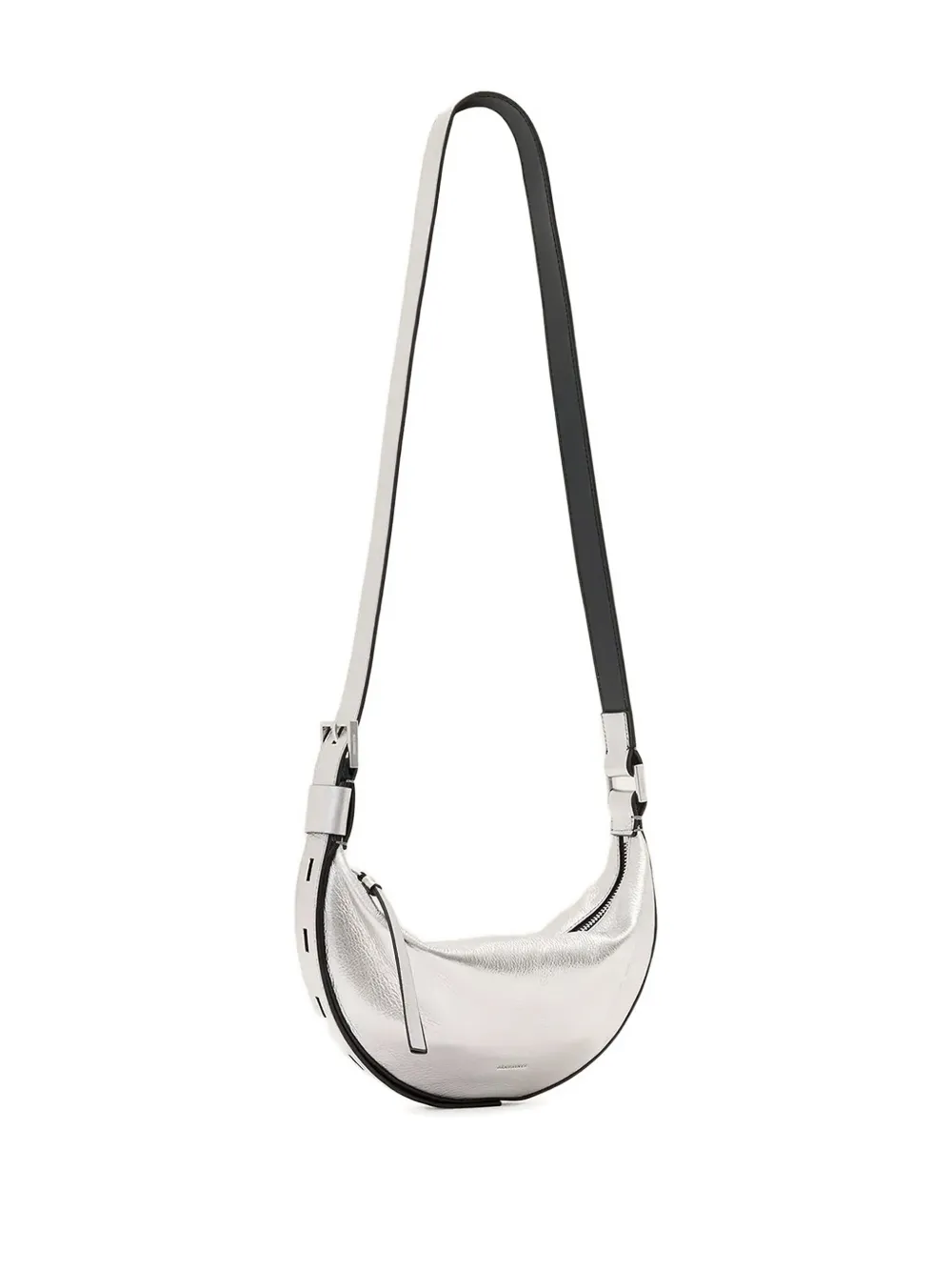 Allsaints Half Moon Metallic Leather Crossbody Bag In Silver