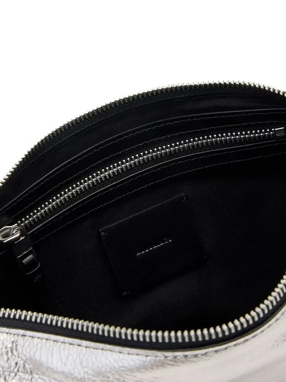 Allsaints Half Moon Metallic Leather Crossbody Bag In Silver