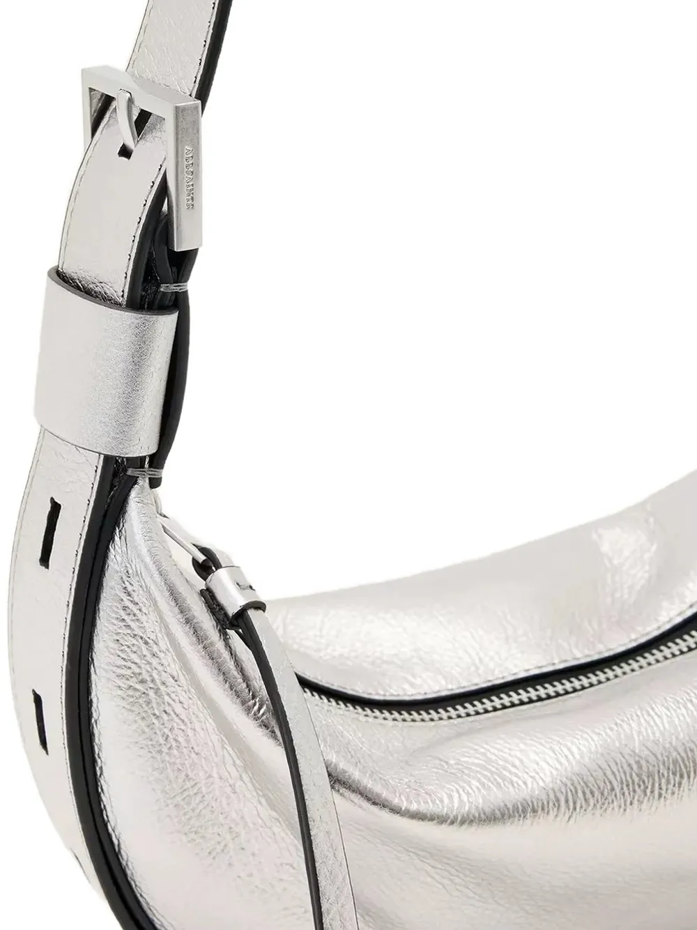 Allsaints Half Moon Metallic Leather Crossbody Bag In Silver