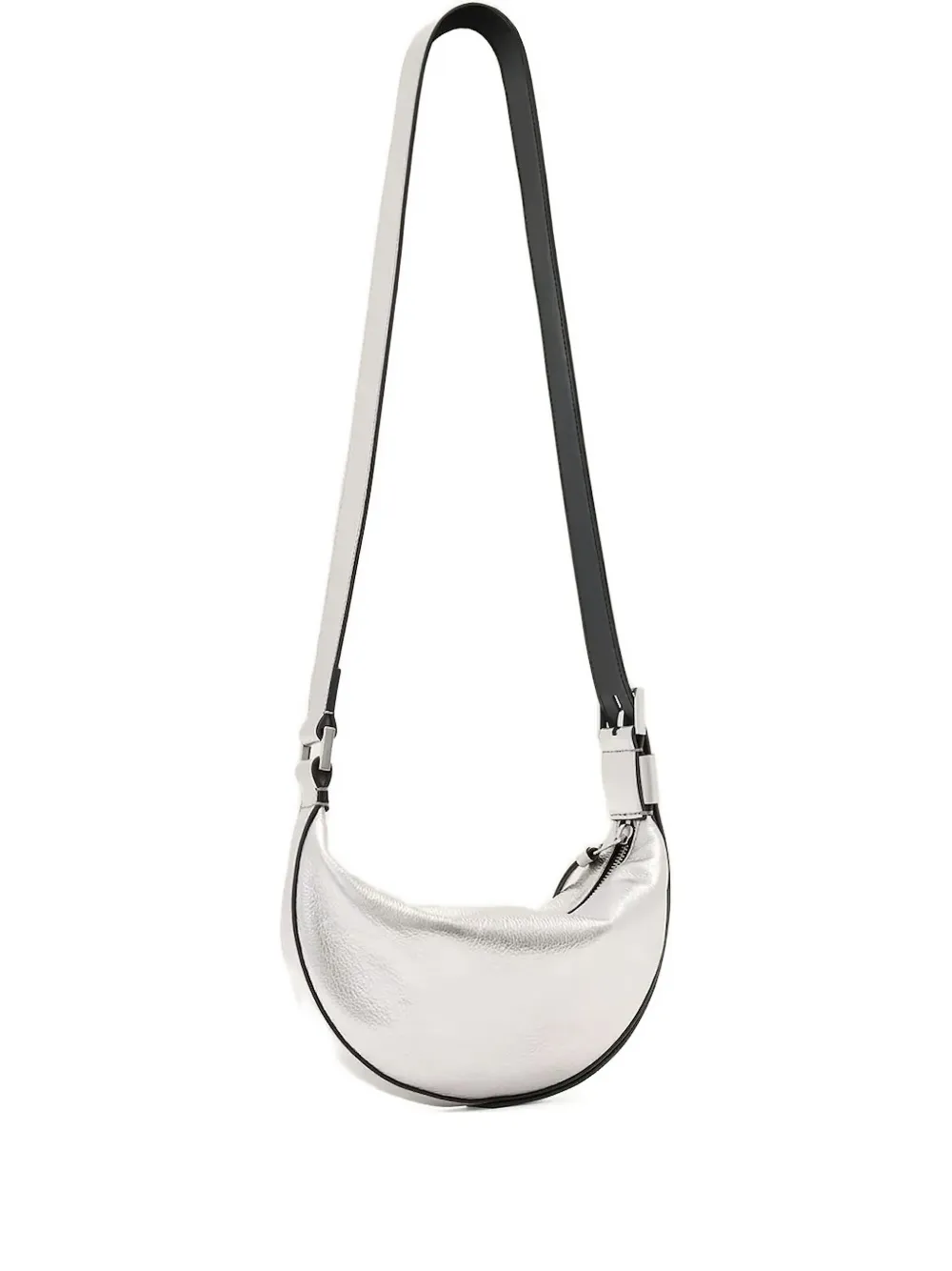 Allsaints Half Moon Metallic Leather Crossbody Bag In Silver