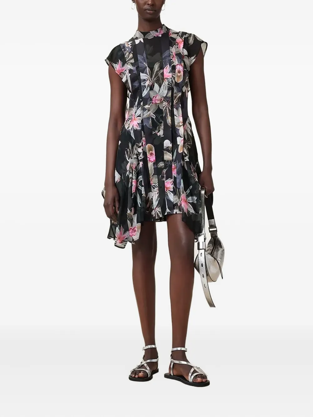 AllSaints Geplooide jurk met bloemenprint - Zwart
