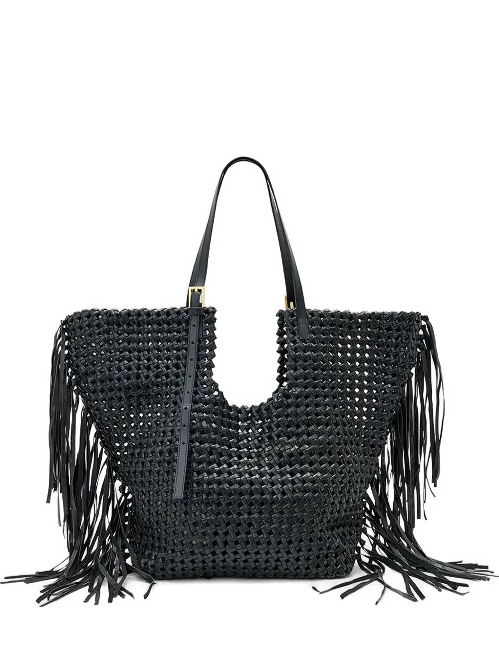 woven leather fringe tote bag