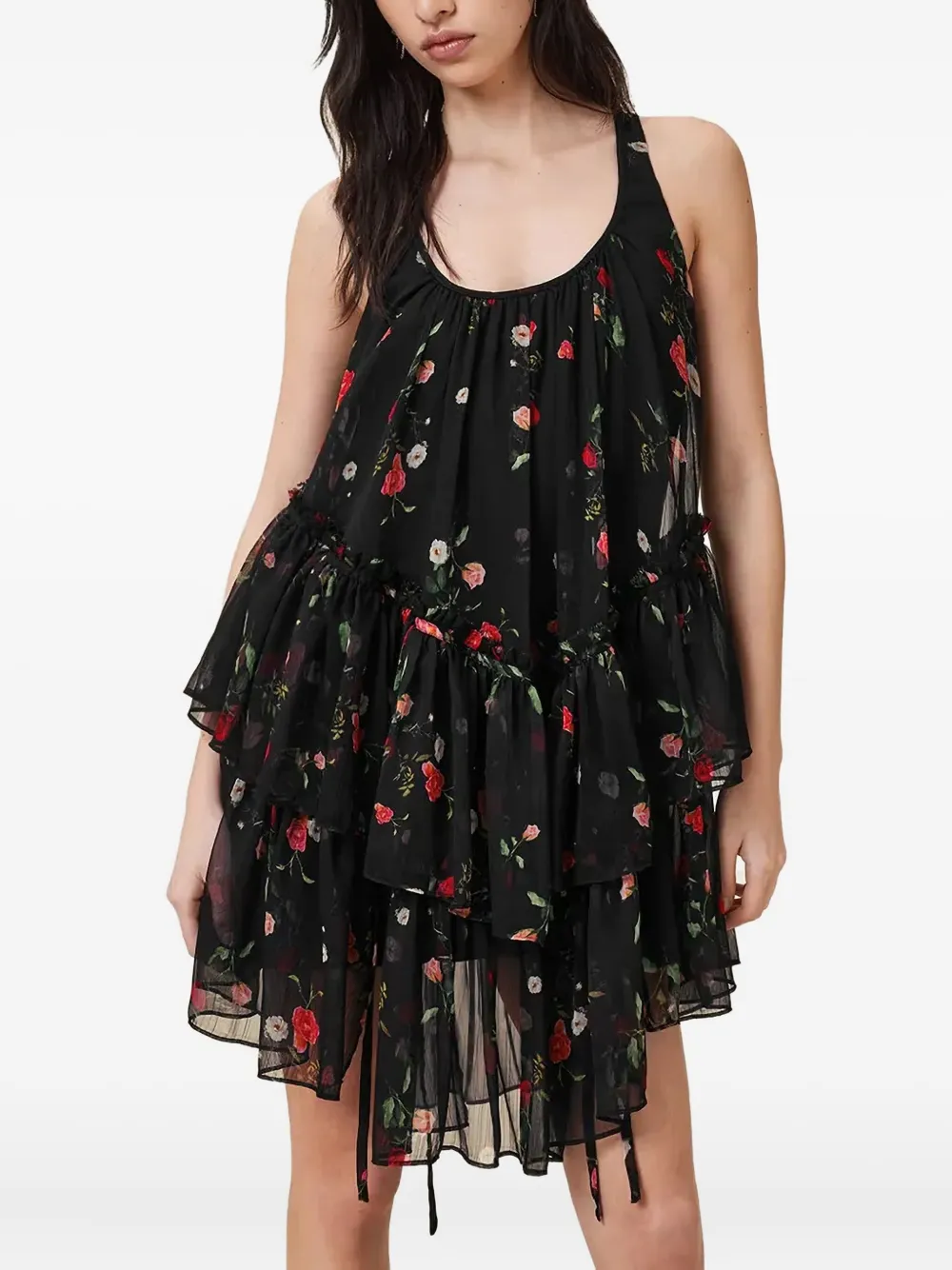 AllSaints Asymmetrische jurk met ruches en bloemenprint Zwart