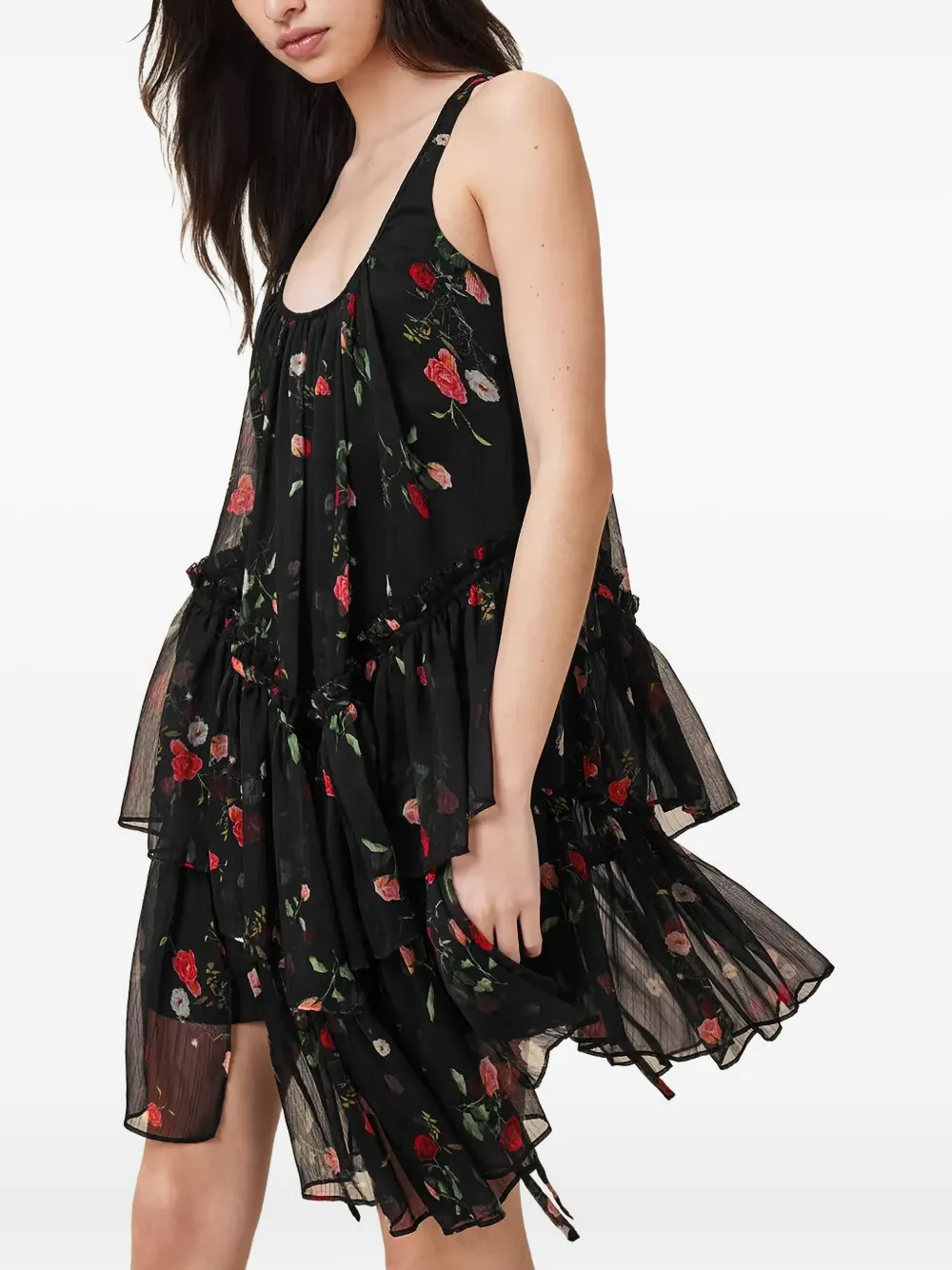 AllSaints Asymmetrische jurk met ruches en bloemenprint Zwart