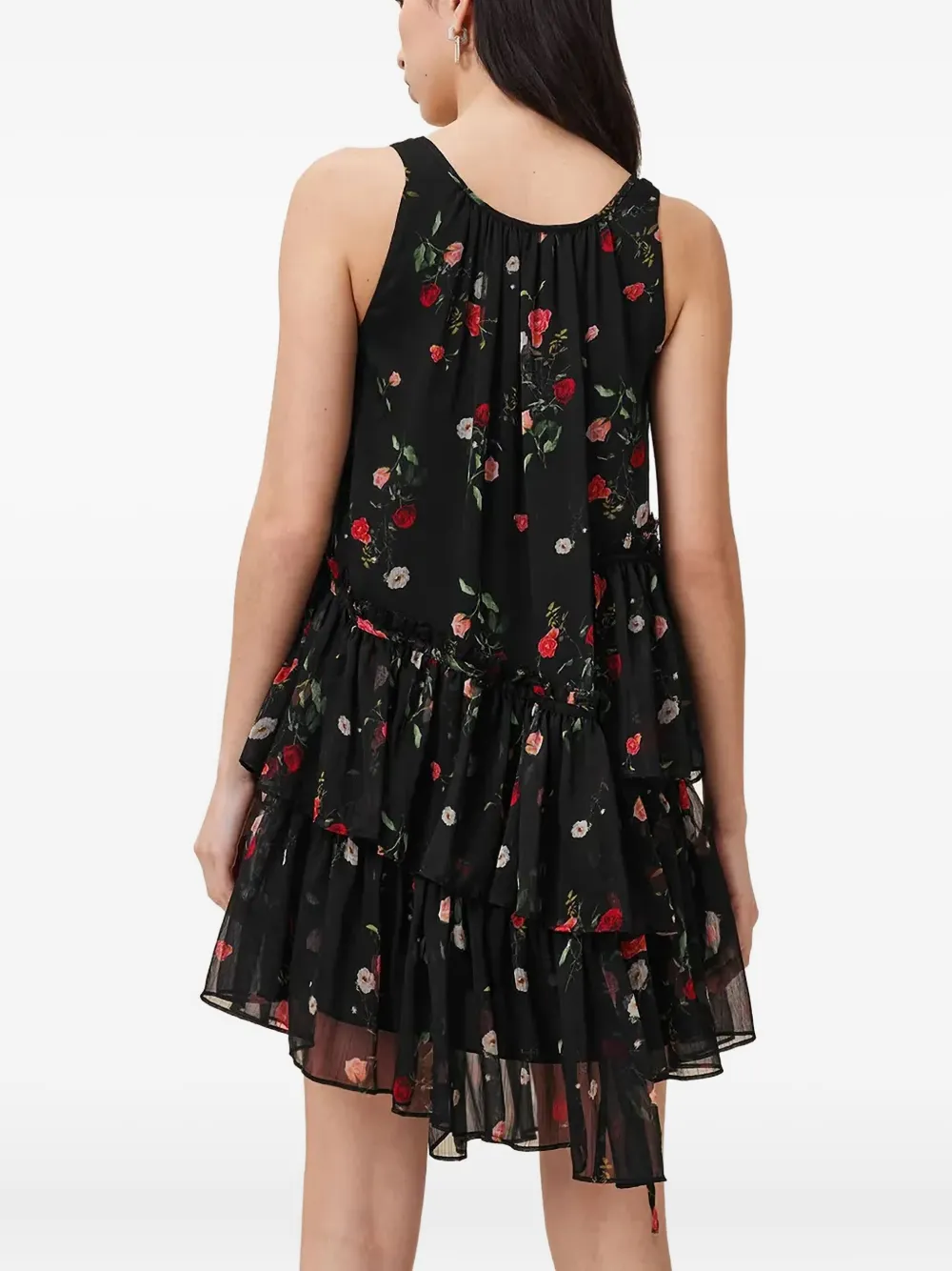 AllSaints Asymmetrische jurk met ruches en bloemenprint Zwart