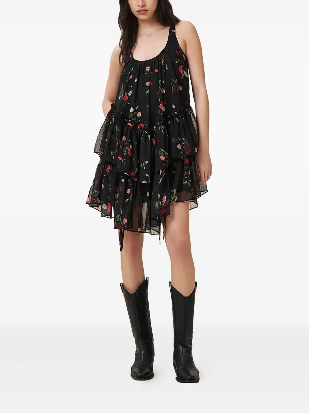 AllSaints floral tiered ruffled asymmetric day dress - Zwart