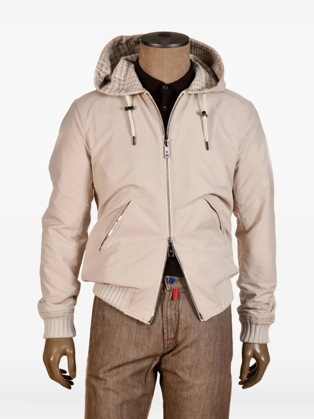 Kiton Kired jack met capuchon en pied-de-poule print Beige
