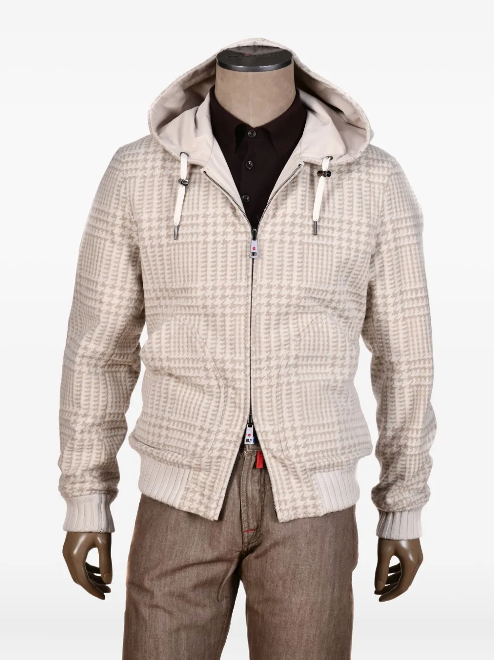 Kiton Kired jack met capuchon en pied-de-poule print Beige
