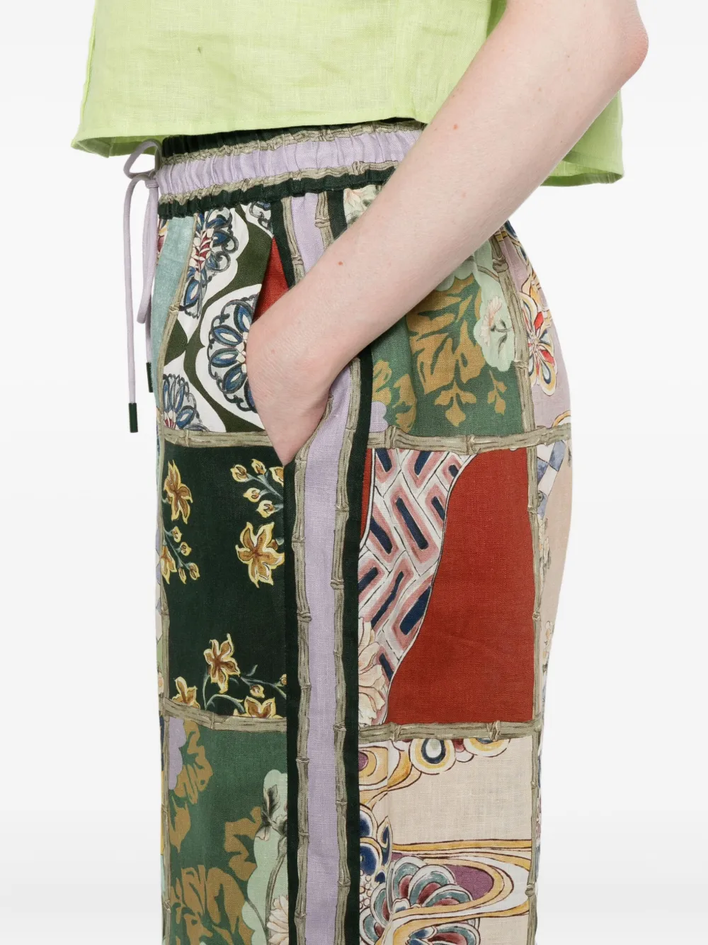 Alemais Vibrant Patchwork Pants With Drawstring Waist And Straight Leg Cut In Green