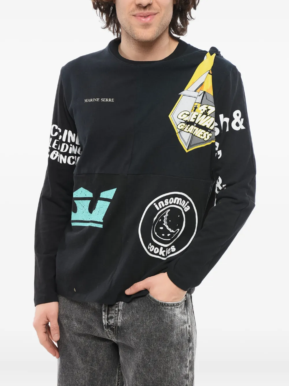 Marine Serre Regenerated T-shirt met print en lange mouwen Zwart