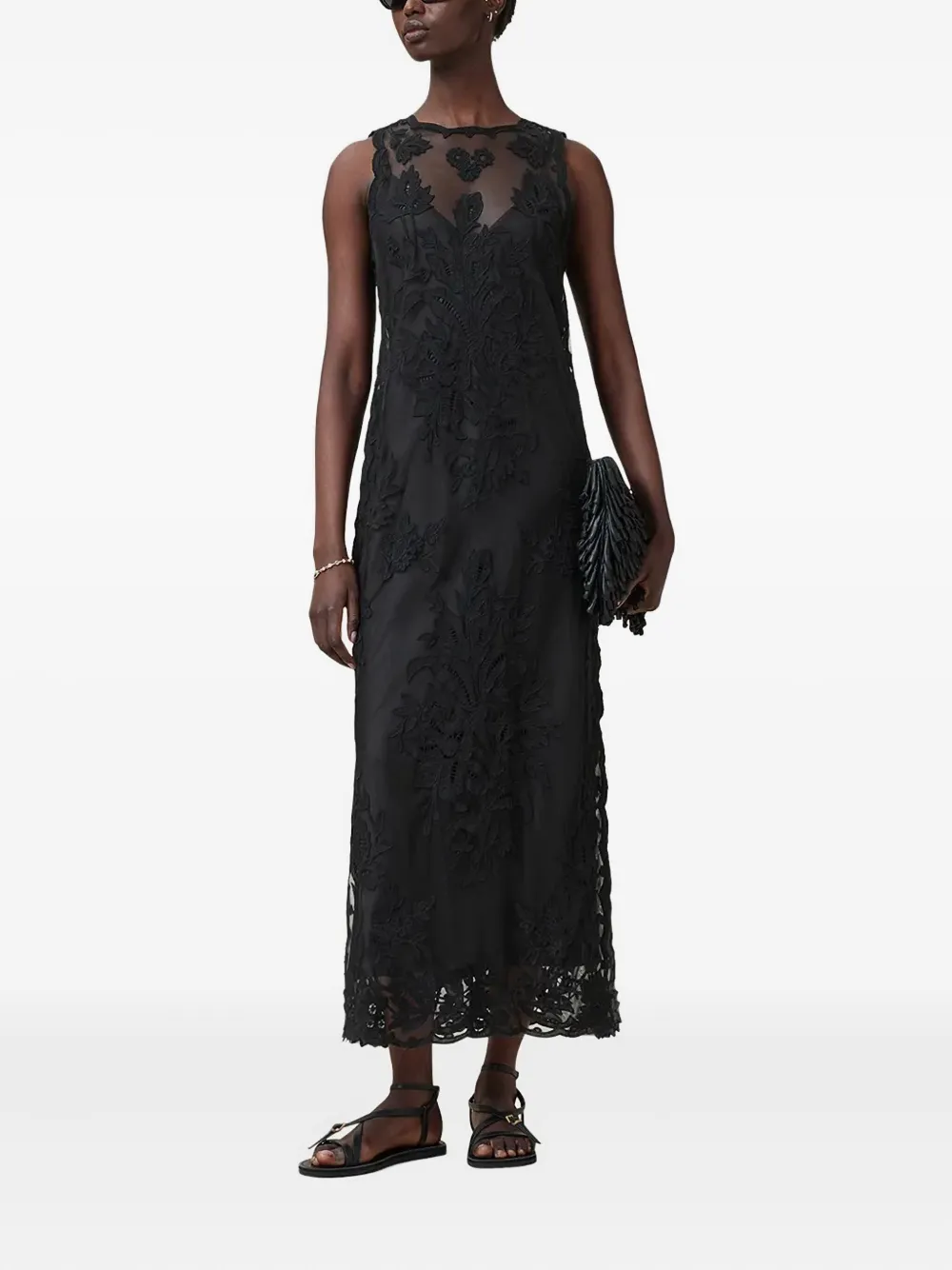 AllSaints Rye maxi-jurk met geborduurde bloemen Zwart