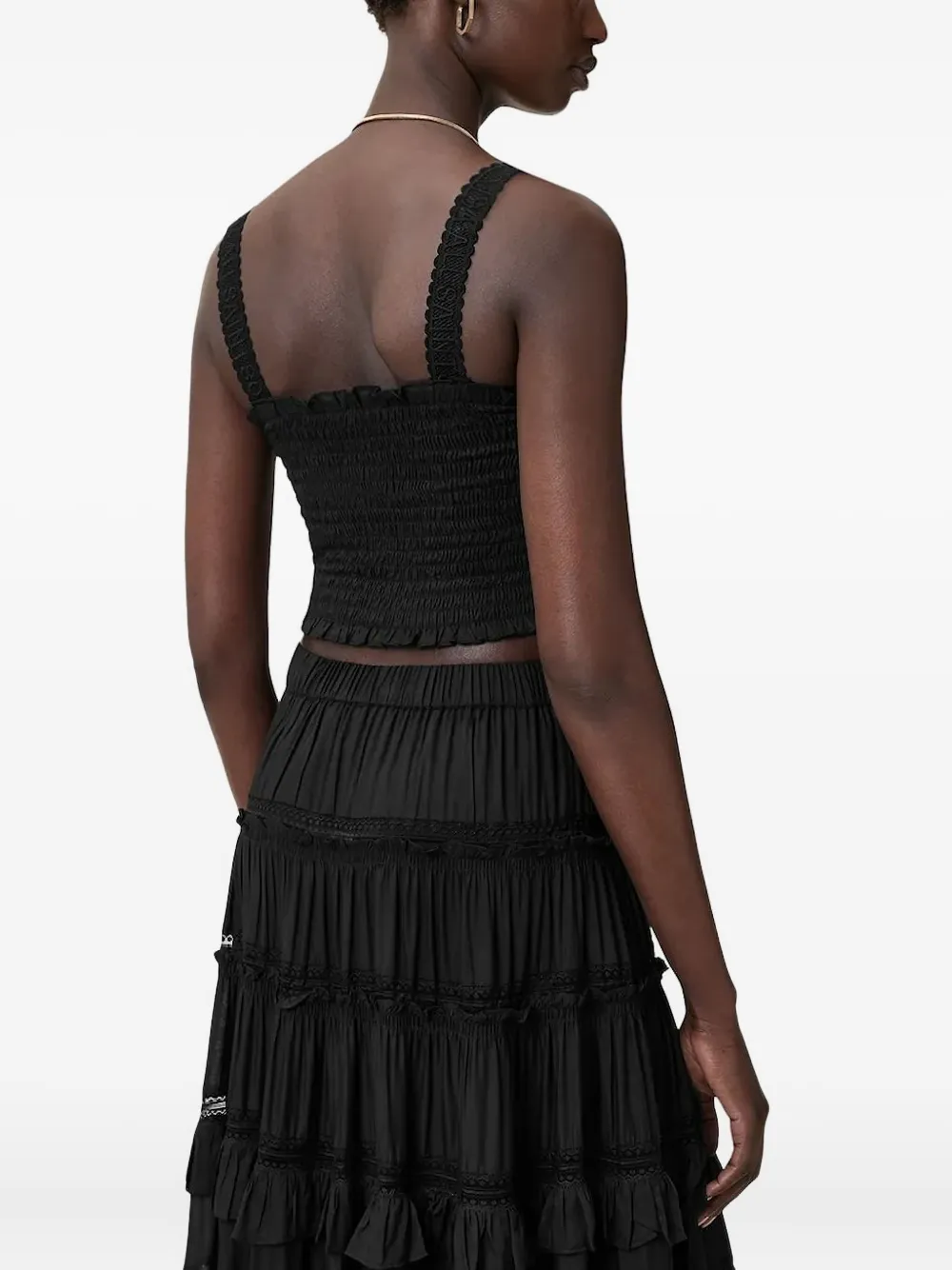 AllSaints lace-trimmed smocked top Zwart