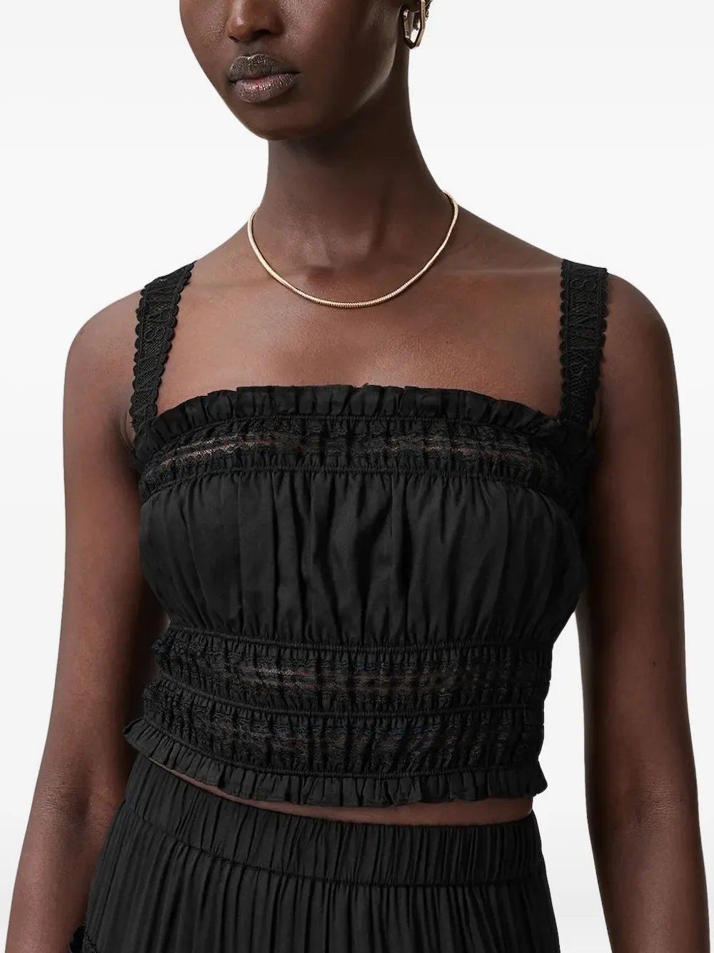 AllSaints lace-trimmed smocked top Zwart