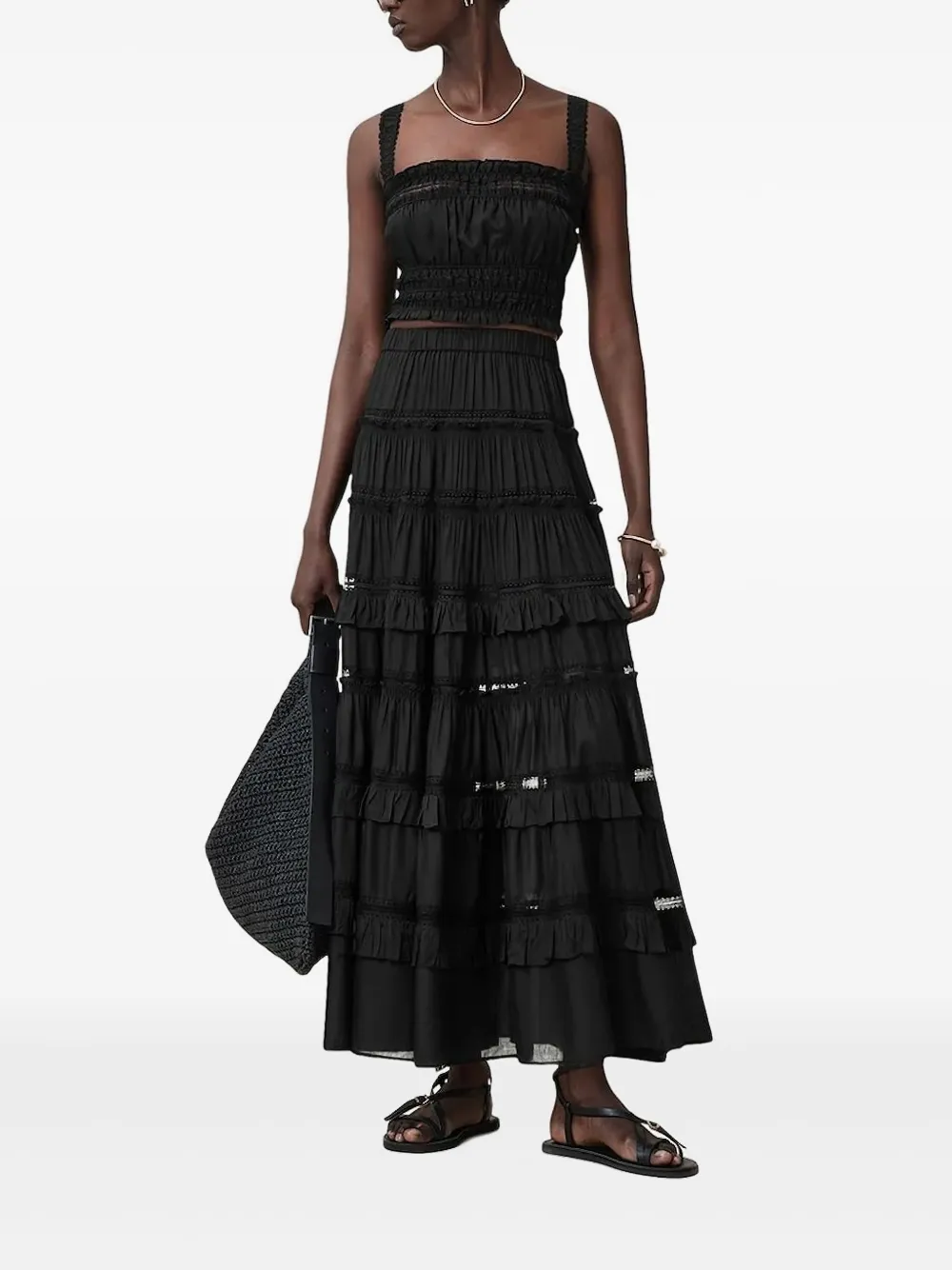 AllSaints lace-trimmed smocked top | Black | Image 1