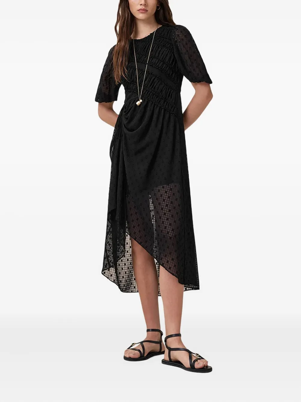 AllSaints Serene puff-sleeve textured midi dress - Zwart