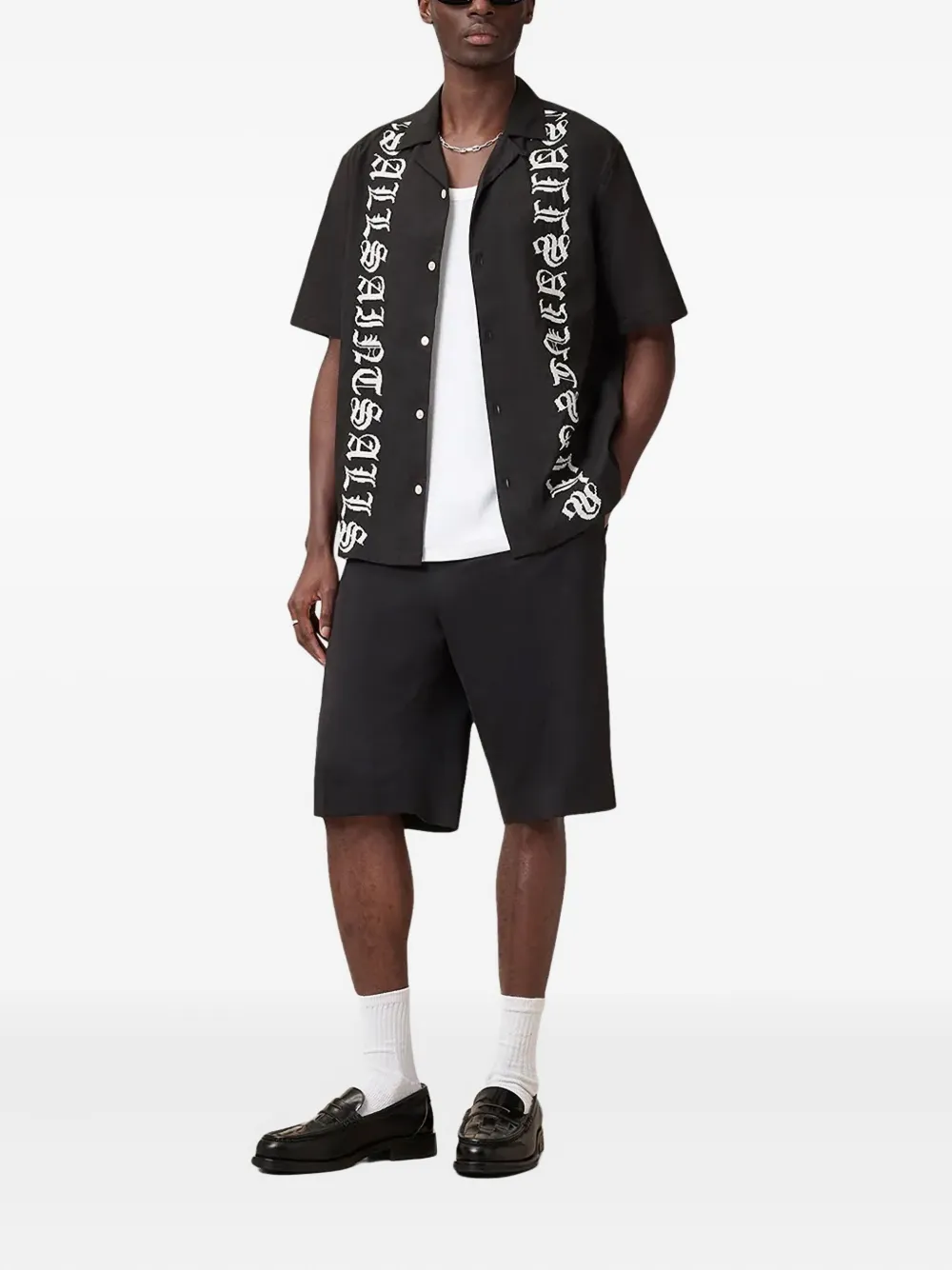 AllSaints script embroidery short-sleeve shirt - Zwart