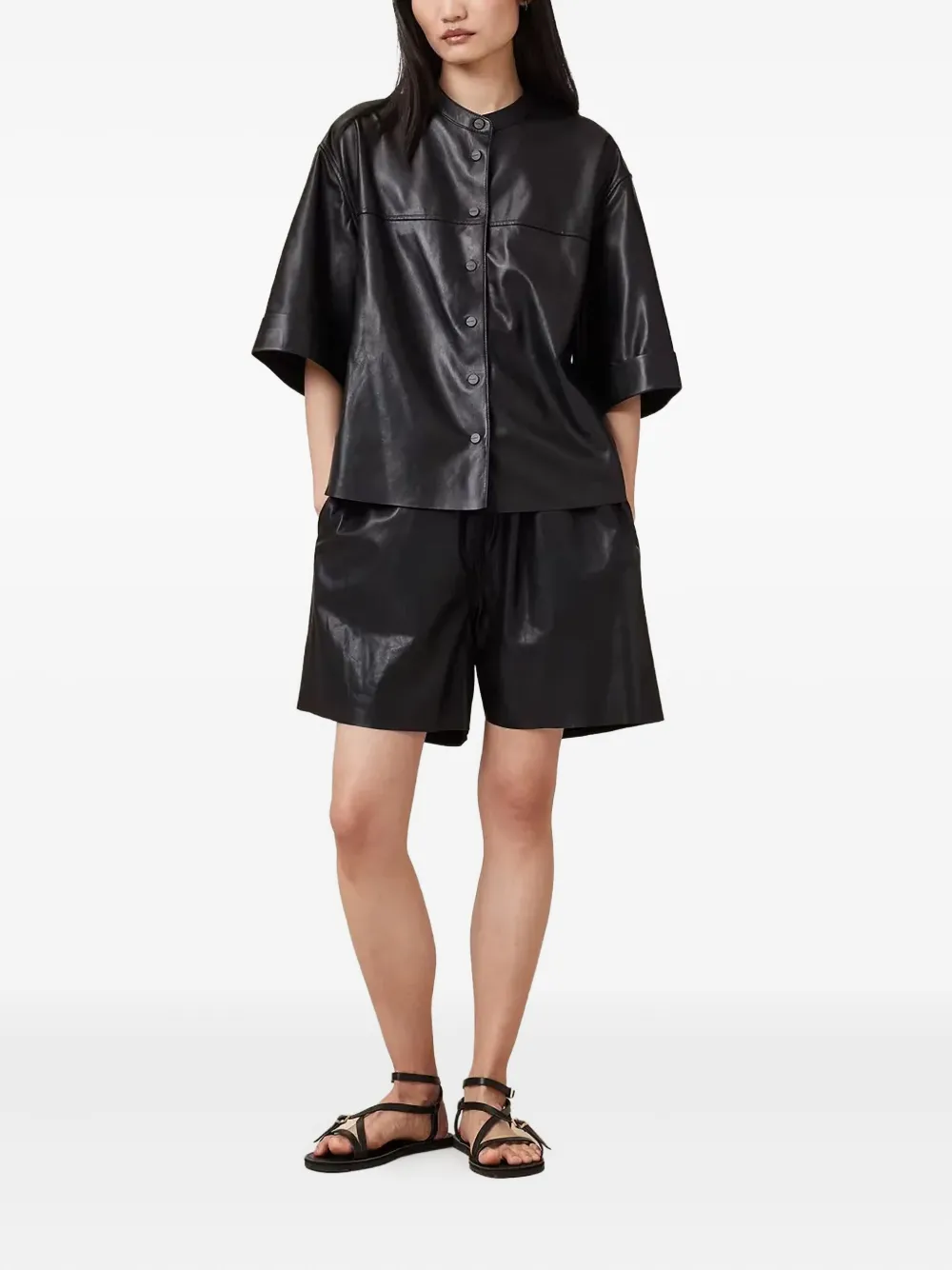 AllSaints Arla Lea leren shorts met elastische taille Zwart