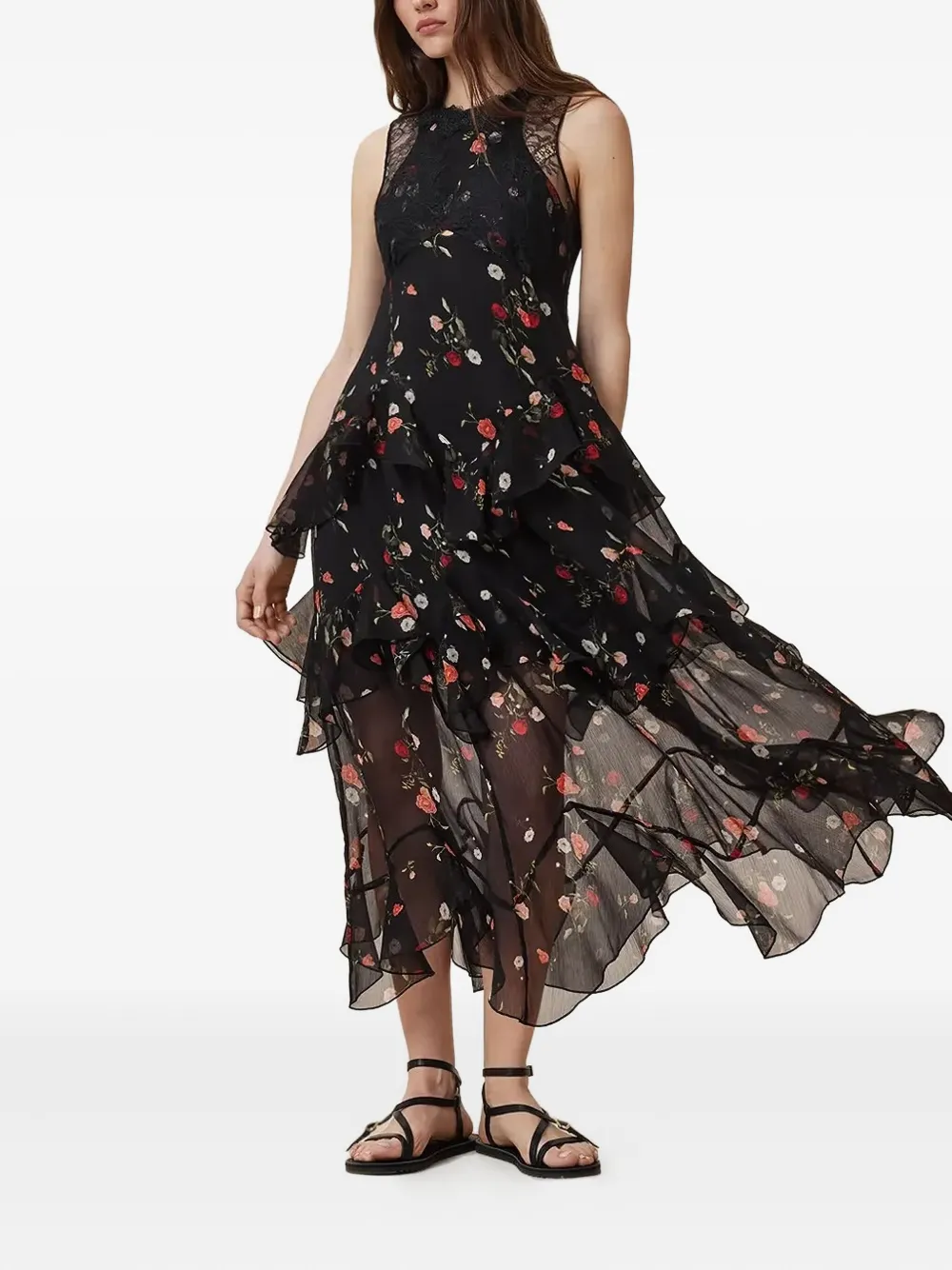 AllSaints Quinn midi-jurk met ruches en kant Zwart