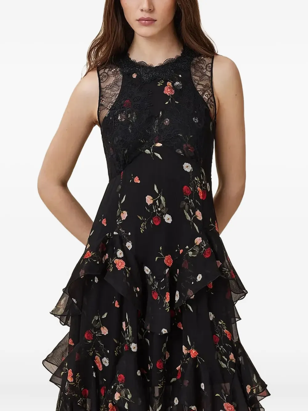 AllSaints Quinn midi-jurk met ruches en kant Zwart