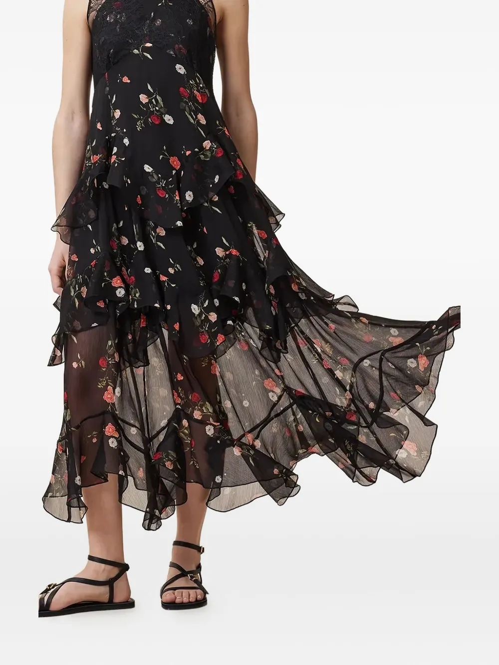 AllSaints Quinn midi-jurk met ruches en kant Zwart