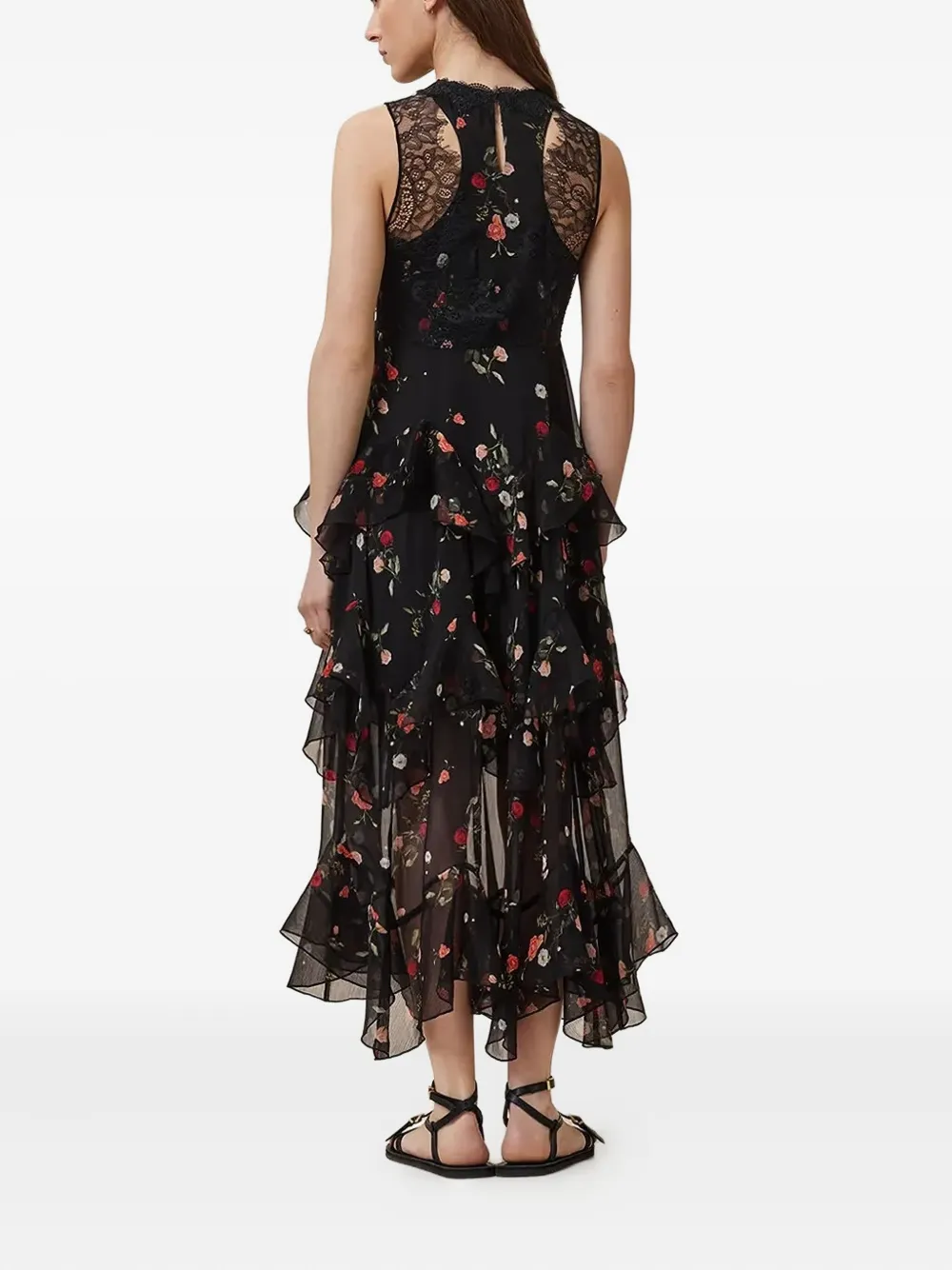 AllSaints Quinn midi-jurk met ruches en kant Zwart