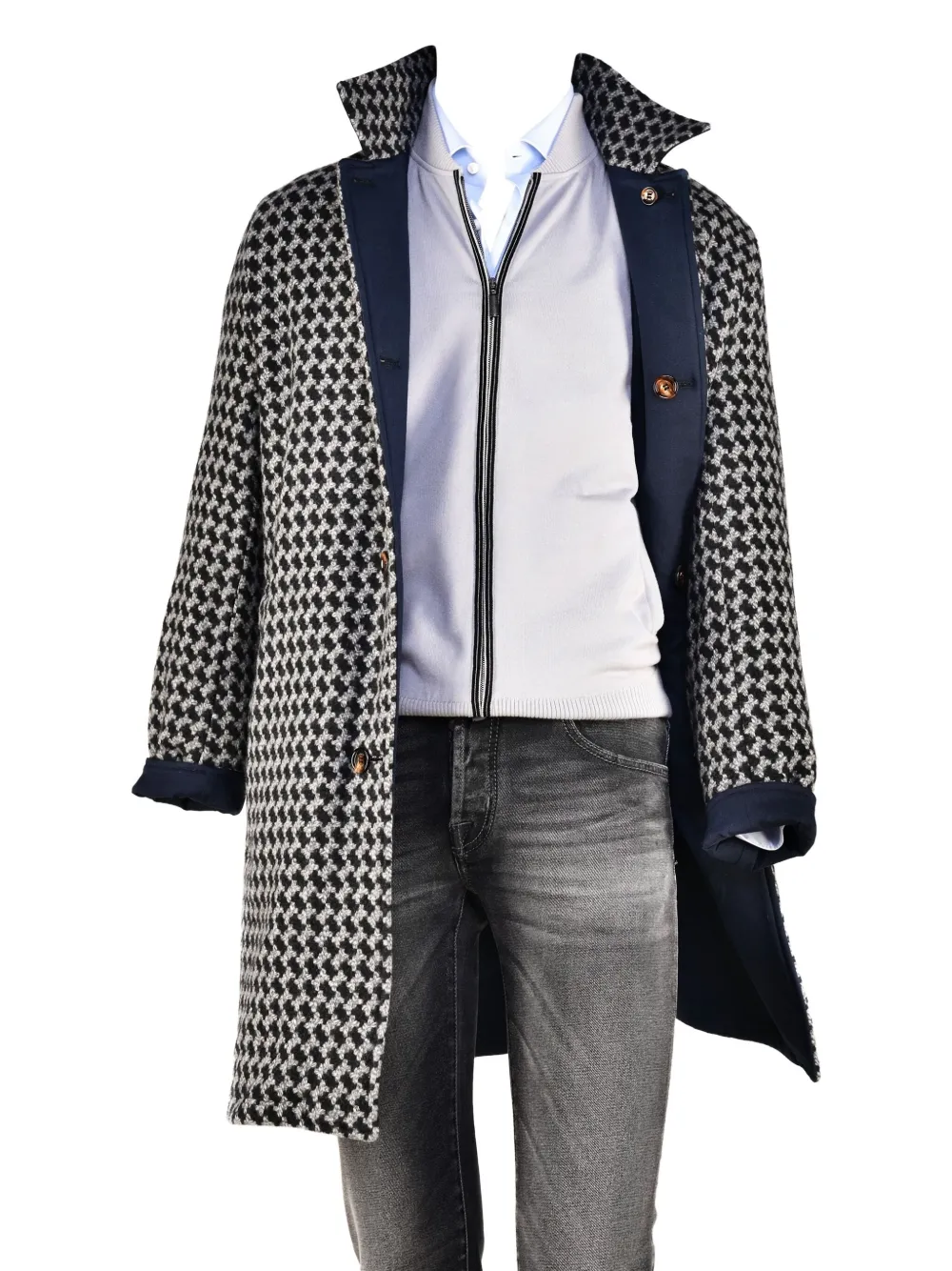 Kiton reversible houndstooth single breasted coat Blauw