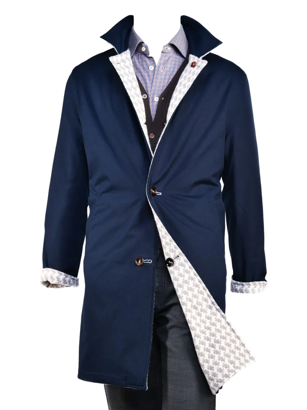 Kiton reversible houndstooth single breasted coat Blauw