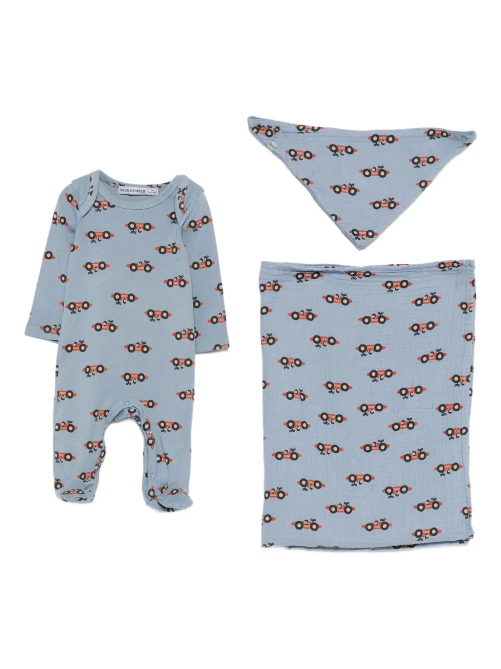 Bobo Choses Drie rompers met autoprint Blauw