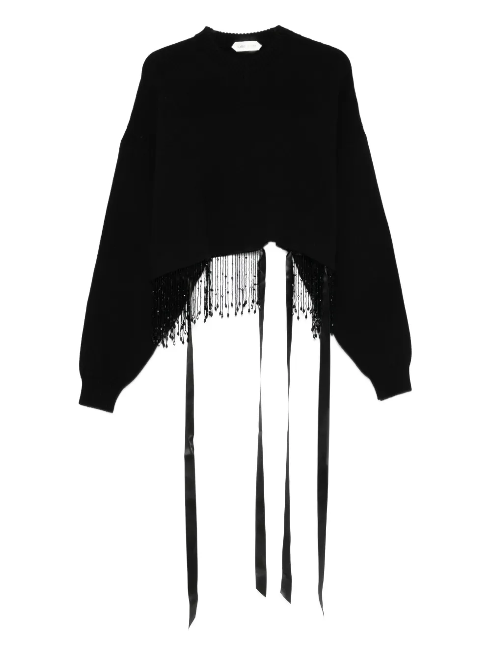 Alberta Ferretti beaded-fringe ribbon-detail sweater - ブラック Alberta Ferretti beaded-fringe ribbon-detail sweater - ブラック