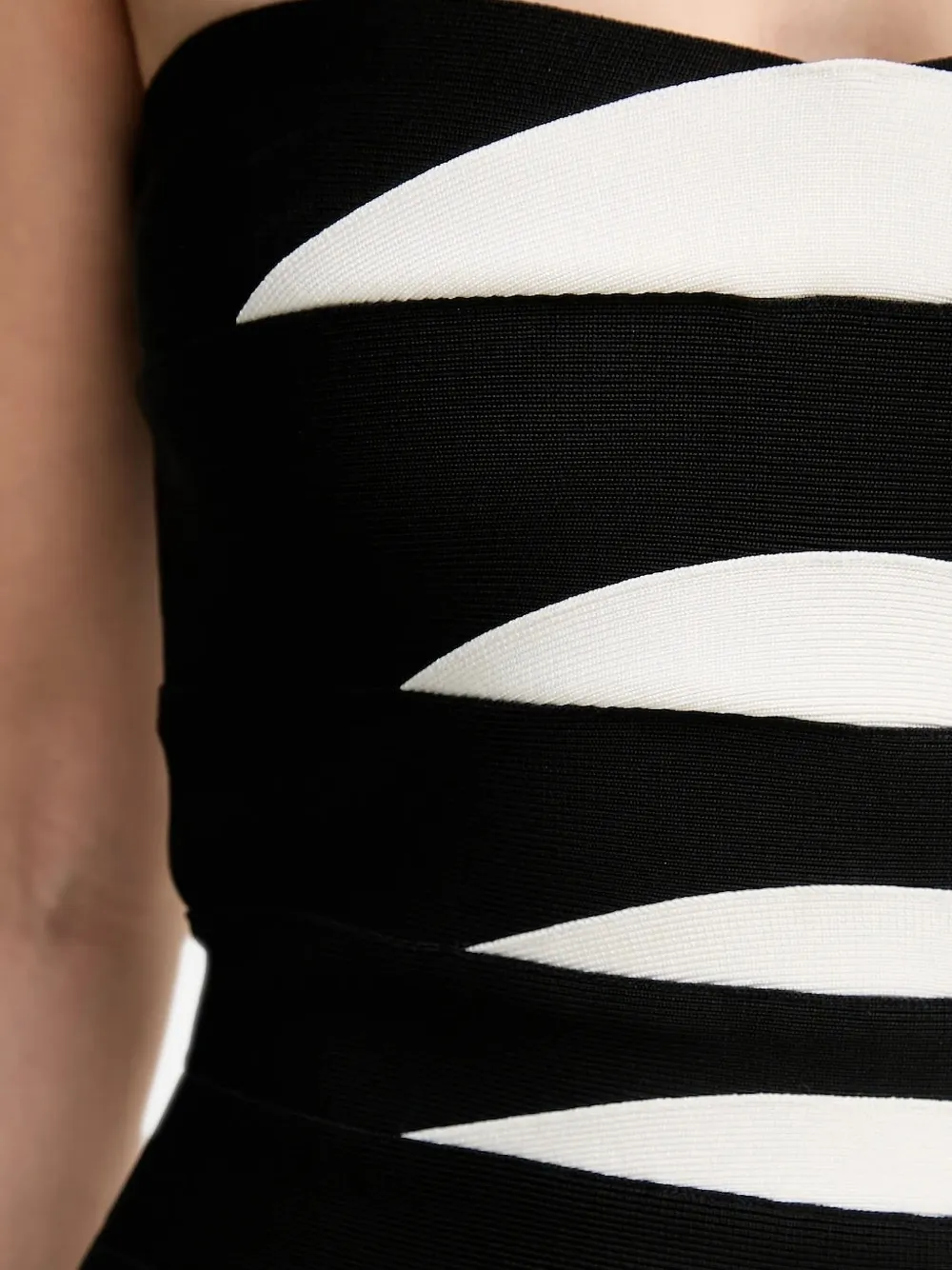 Herve Leger Strapless Stripped Midi Party Dress In Black