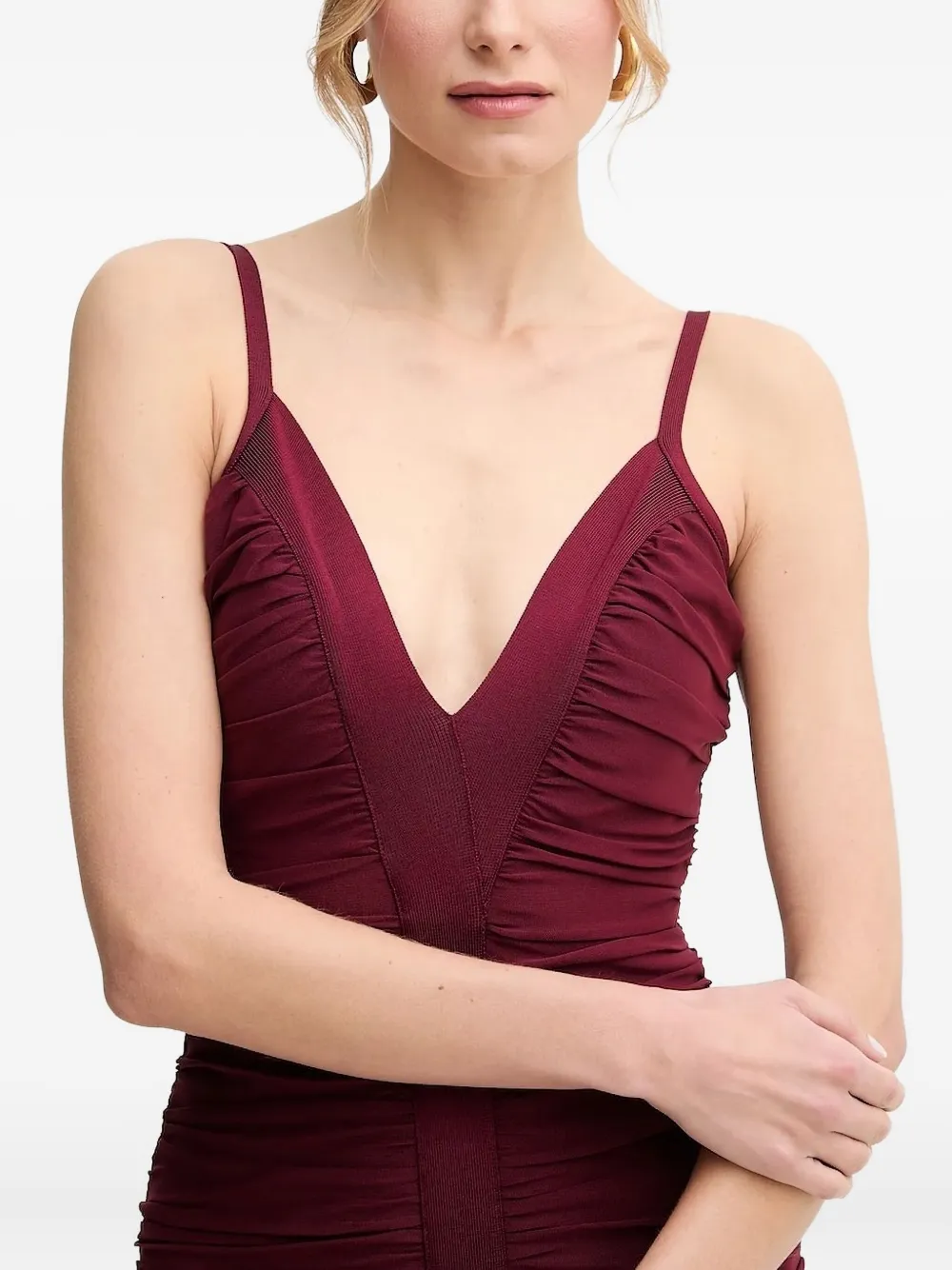 Herve Leger Womens Dark Red Andrea Ruched Stretch-mesh Mini Dress In Red