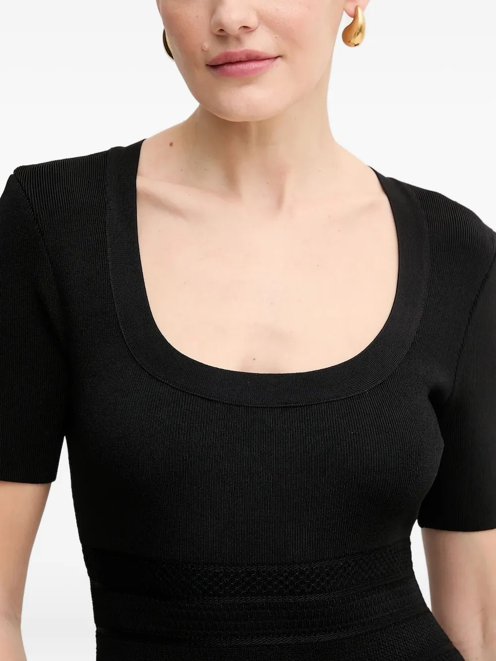 Herve Leger Detailed Short-sleeved Midi Day Dress In Black
