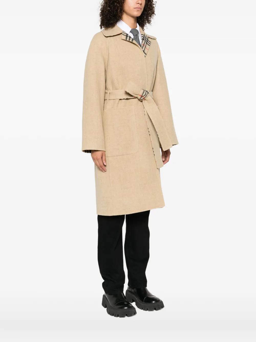 Burberry check-lined belted coat Beige
