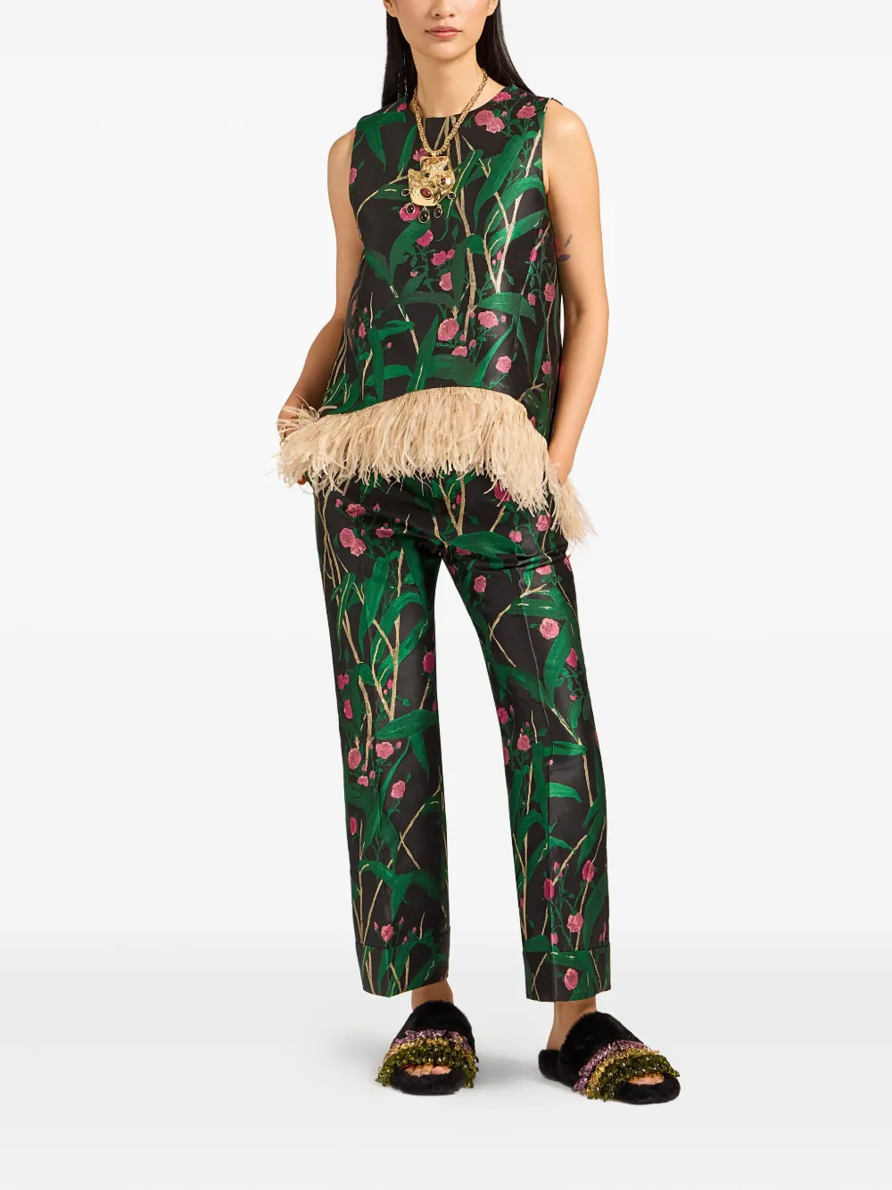 La DoubleJ Hendrix broek met bloemen jacquard - Groen