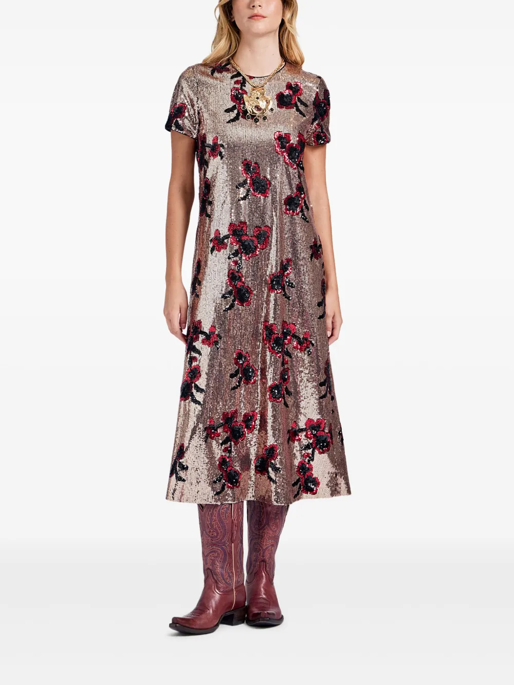 La DoubleJ Midi-jurk met pailletten en bloemenprint - Bruin